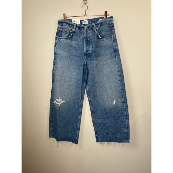 Citizens of Humanity Wide Leg Jeans Distressed Cropped Raw Hem Blue Wash Size 30 - Picture 2 of 5